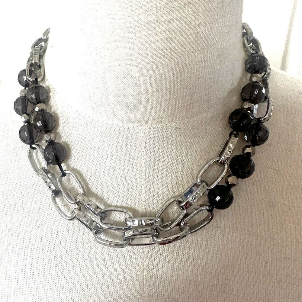 Silver tone and grey beaded long link necklace